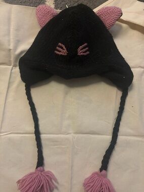 Black & Pink Cat Ear Knit Hat with Braided Tassels
